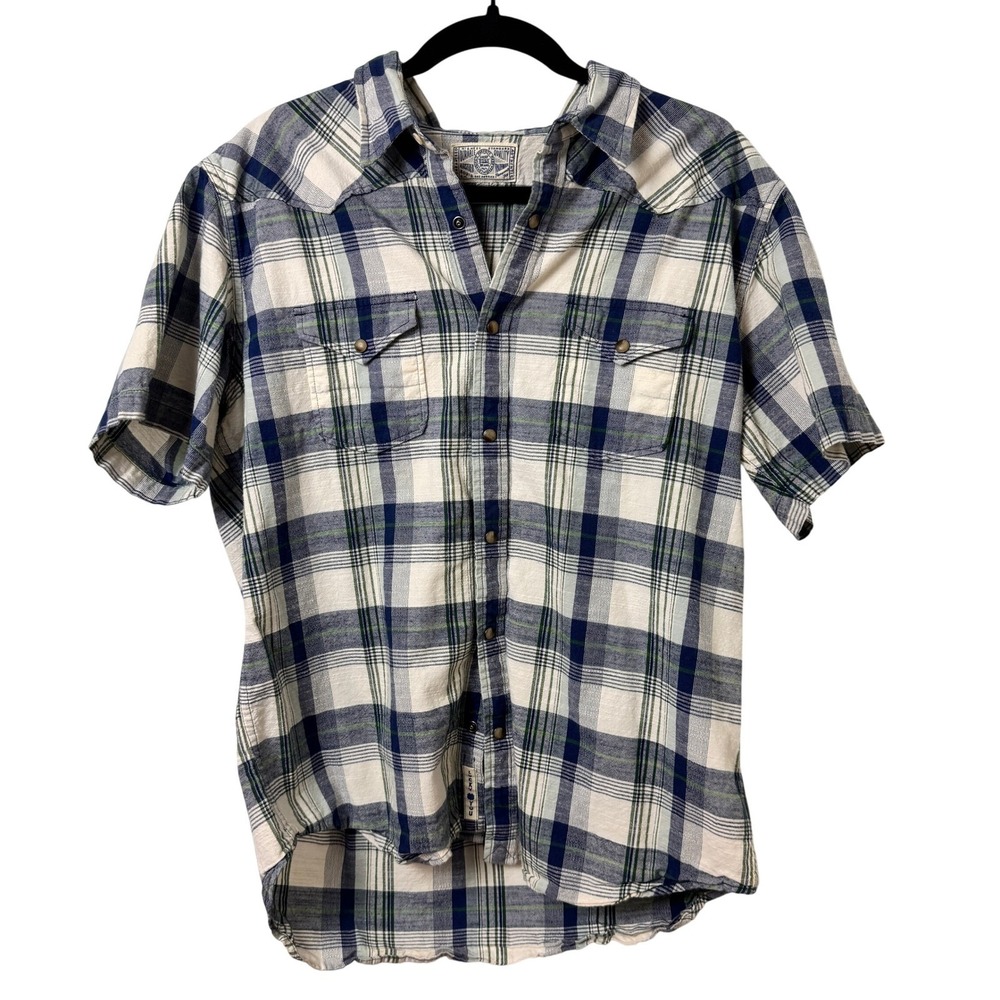 Lucky Western Pearl Snap Shirt Mens L Cotton Plaid Short Sleeve Americana Cowboy